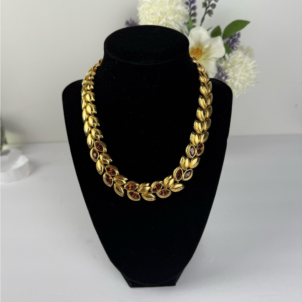 Vintage Swarovski Swan Logo Gold Leaf Necklace • Amber Ombre Crystals